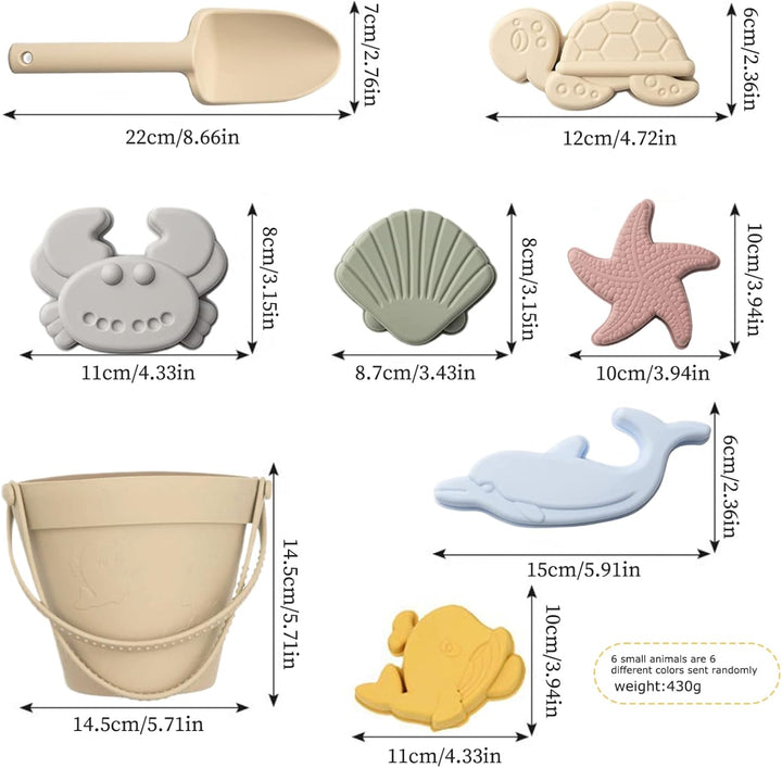 Sandspielzeug für Kinder, 8 Stück, sicheres Silikon-Strandspielzeug mit Schaufel, Eimer und Sandform
