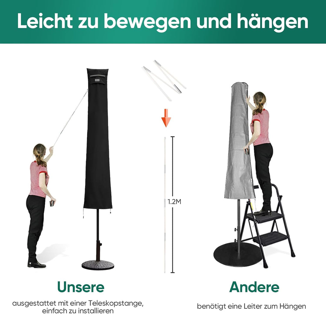Sekey Sonnenschirm Schutzhülle mit Stab, Abdeckhauben für Ø 350cm / 200x300cm Gartenschirm mit Belüf