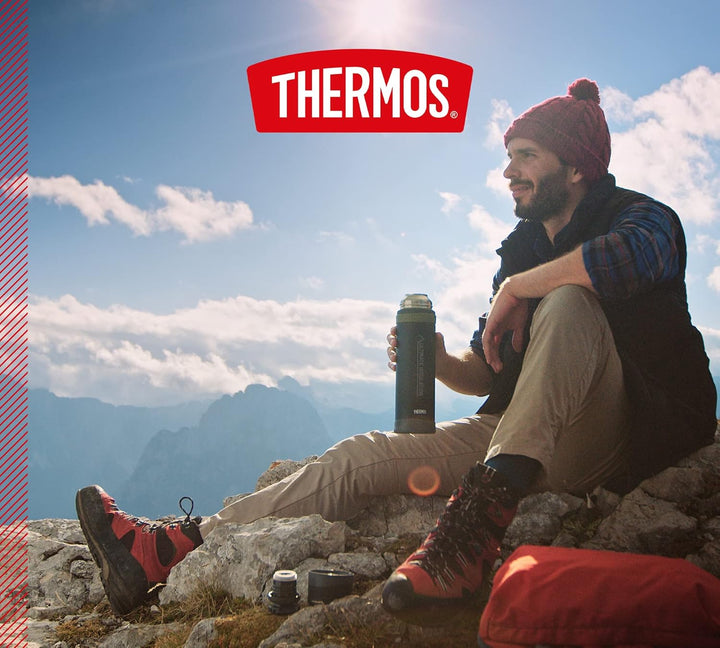 THERMOS MOUNTAIN BEVERAGE BOTTLE 0,9l, black, Thermosflasche Edelstahl mit Trinkbecher, 24 h heiss /