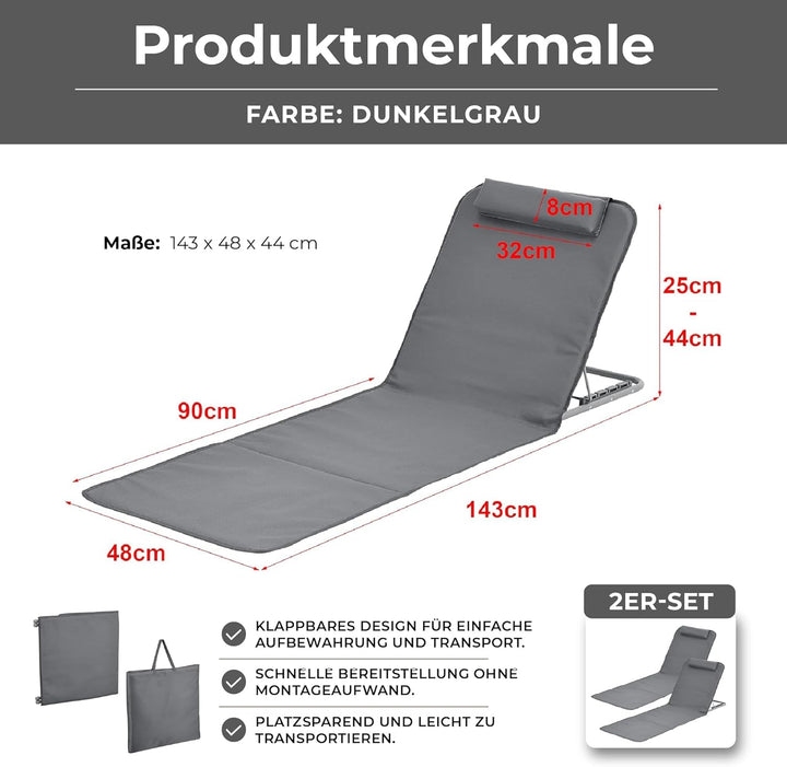 [en.casa] Strandmatte Donostia 2er Set Sonnenmatte klappbar Dunkelgrau Strandliege mit Verstellbarer