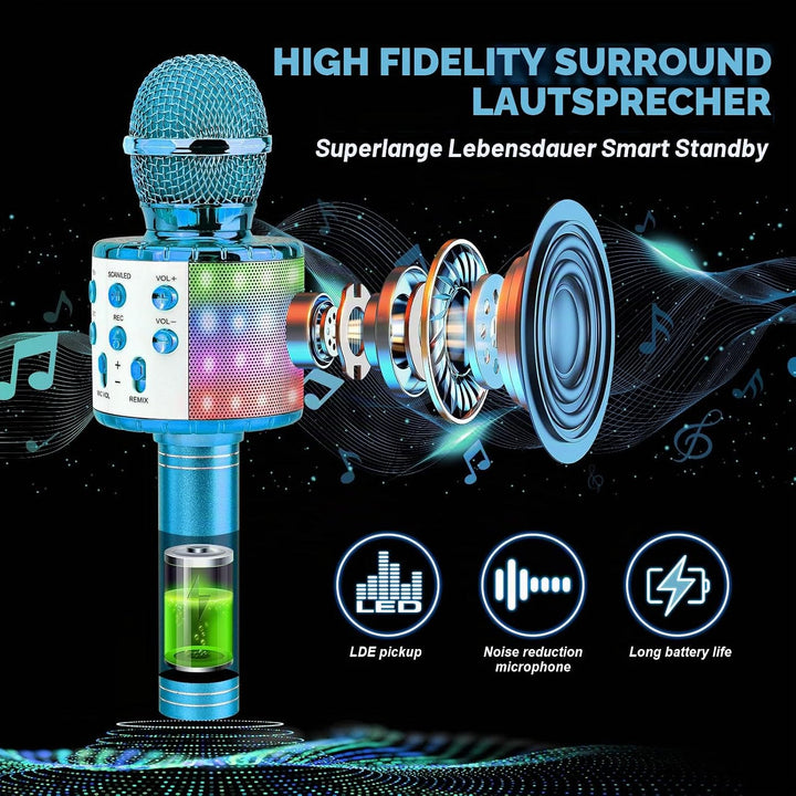 ShinePick Mikrofon Kinder, 4-in-1 Drahtloses Bluetooth Karaoke Mikrofon, Tragbare LED Microphone für