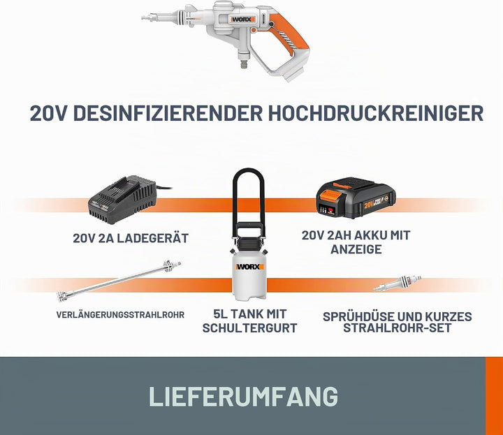 WORX 20V Akku Desinfektionssprühgerät WP651E, 5 Liter Umhängetank, Schwarz/Orange 5l