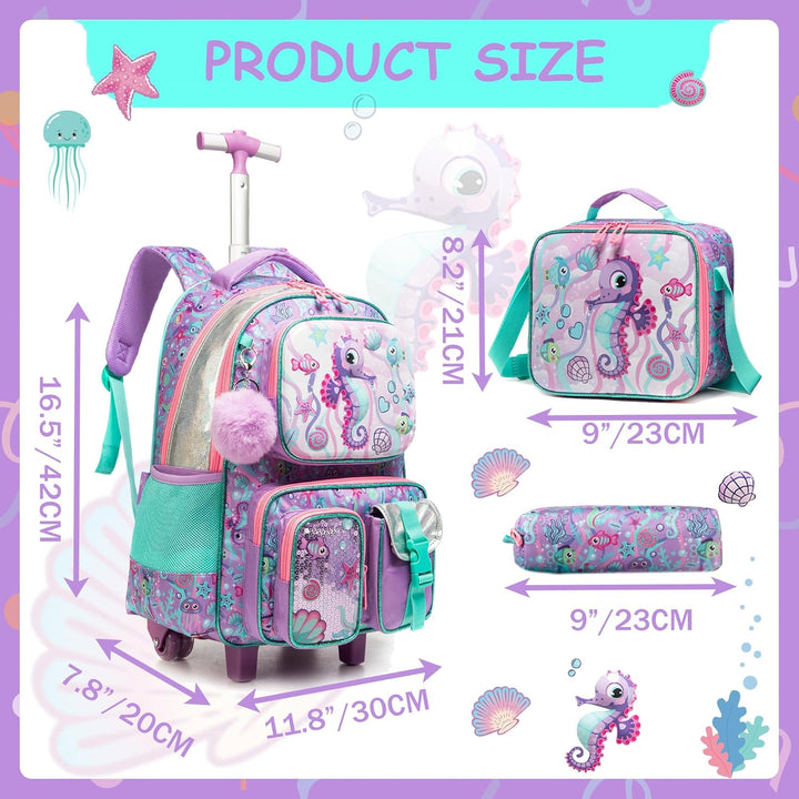 HTgroce Schulranzen Trolley Mädchen Meerjungfrau Rolling Backpack for Girls Einhorn Rucksack Mit Rol