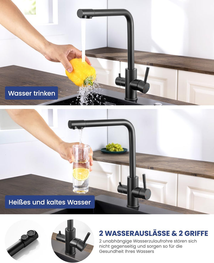 3 Wege Wasserhahn Küche Schwarz, Küchenarmatur Mit 2 Hebel, Mischbatterie Küche Mit Heissem Und Kalt
