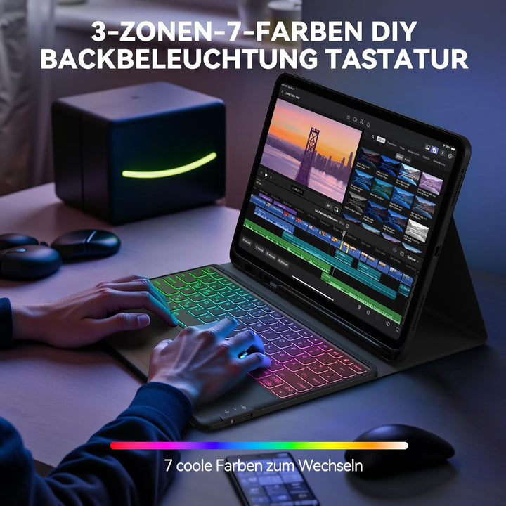 Earto iPad Pro 12.9 Tastatur 2022, DIY 3-Zone Beleuchtung mit 7 Farben, Hülle mit Tastatur mit Touch