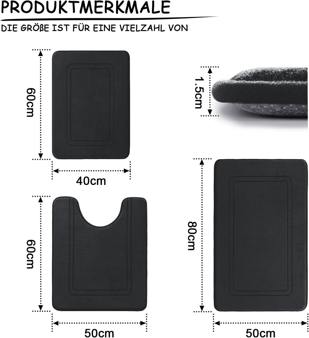 chakme Badezimmerteppich Set 3 Teilig, Weiche Memory-Schaum Badematte und U Förmige wc Vorleger, Bad