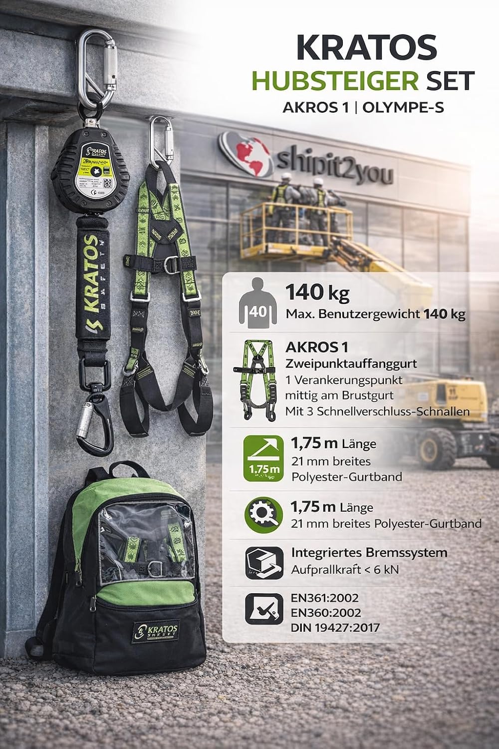 Kratos Safety Hubsteiger Sicherheitsset, Fallschutz-Set mit Gurt EN361, Höhensicherungsgerät, Rucksa