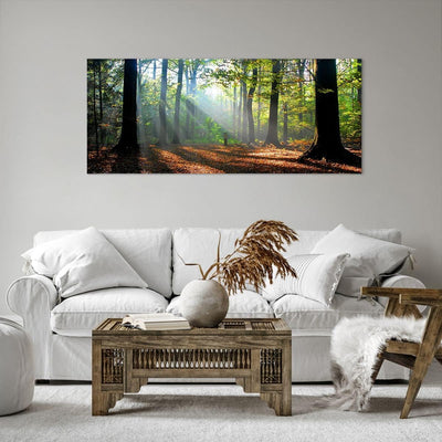 Wandbilder Dekoration Wohnzimmer Wald Blätter Sonne Panorama Bilder auf Leinwand 120x50cm Leinwandbi