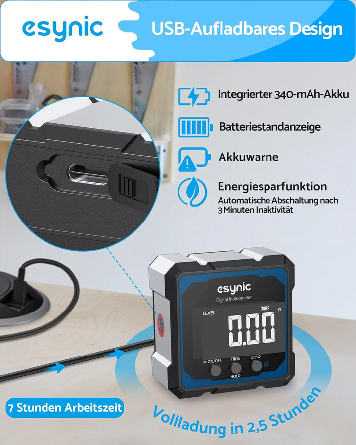 eSynic Digitale Winkelmesser Wasserwaage mit Laser Neigungsmesser 4×90° ±0,1°mit LCD-VA Display Vier