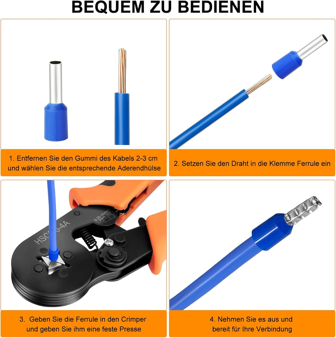 Crimpzange Aderendhülsen Set mit 1250 Aderendhülsenzange Selbsteinstellende 0,25-10mm² Krimpzange Cr