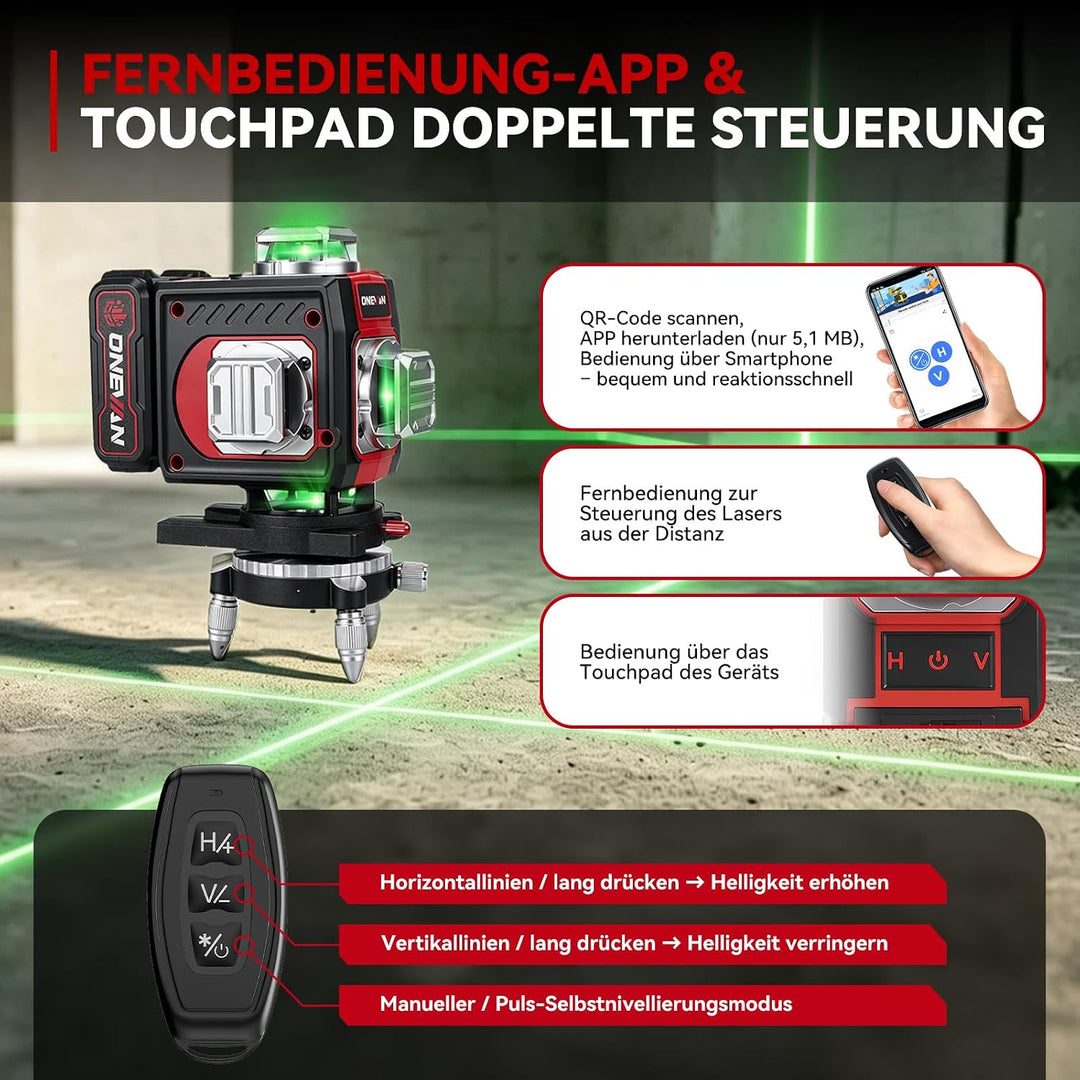 ONEVAN Kreuzlinienlaser mit Stativ, Selbstnivellierend, 360° 4D-Grünlaser | ±3° Selbstnivellierung,