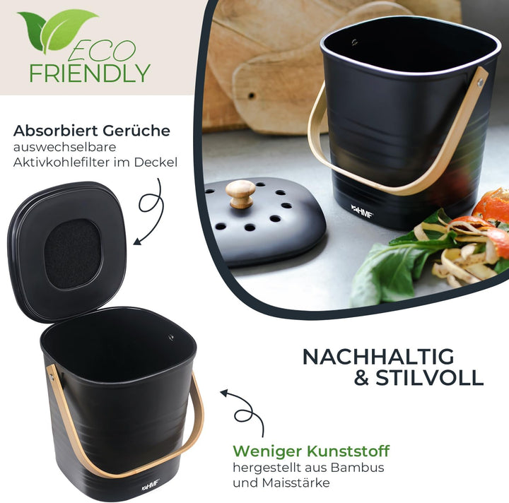 HMF Nachhaltiger Biomülleimer Küche, Geruchsdichter Komposteimer mit Deckel | 3 Liter | Schwarz, 3 L