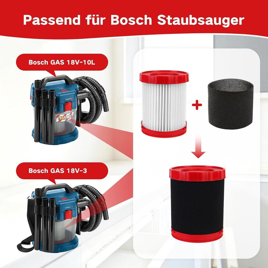 2 Stück Hepa Filter für Bosch Gas 18 V, GAS18V-3 / GAS18V-10L Ersatzfilter | Waschbare VF320H HEPA E