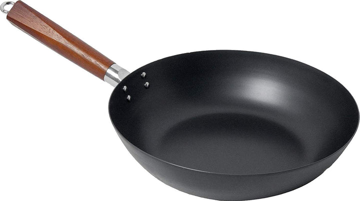Wok Pfanne flacher Boden Ø 30 cm Carbon Stahl „Kochen für Zwei“ für alle Herdarten mit Holzgriff und