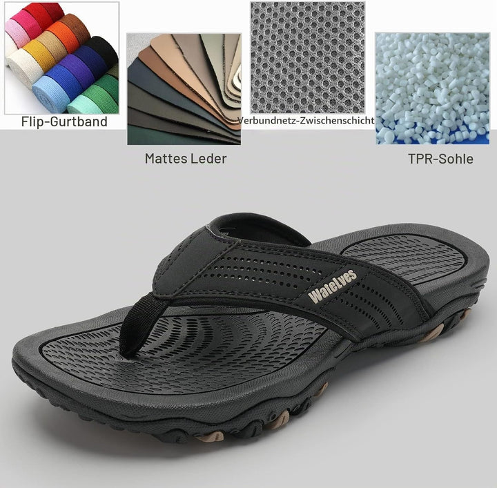 WateLves Herren Flip Flops Zehentrenner Leder mit Arch Support Sandalen Weich Leder Stoff Badelatsch