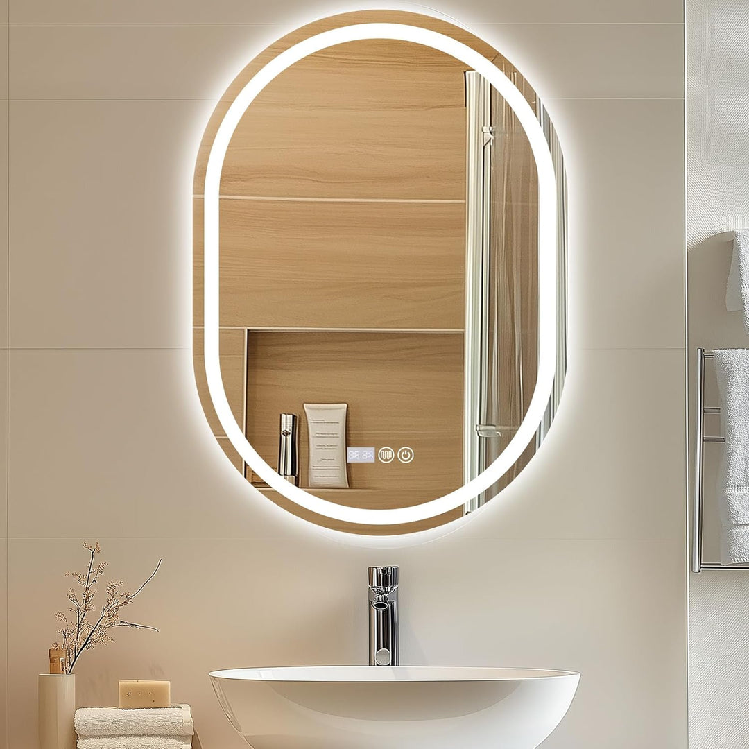 Badspiegel Mit Beleuchtung, 60x80 cm Oval Spiegel mit Beleuchtung, Badspiegel mit Uhr und Touch-Scha