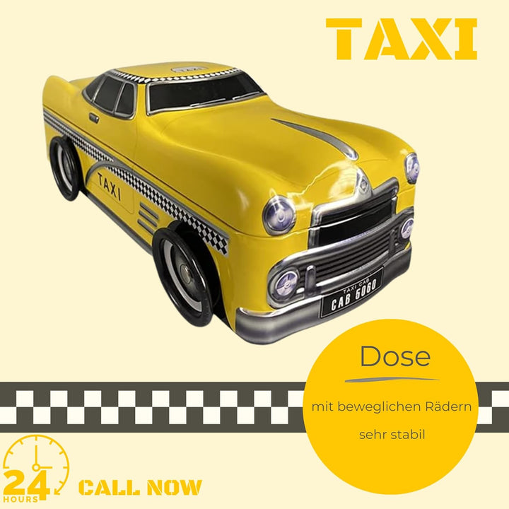 MediMuc Taxi mit drehbaren Rädern - Keksdose, Geschenkdose, Retrodose, Blechdose - lebensmittelecht