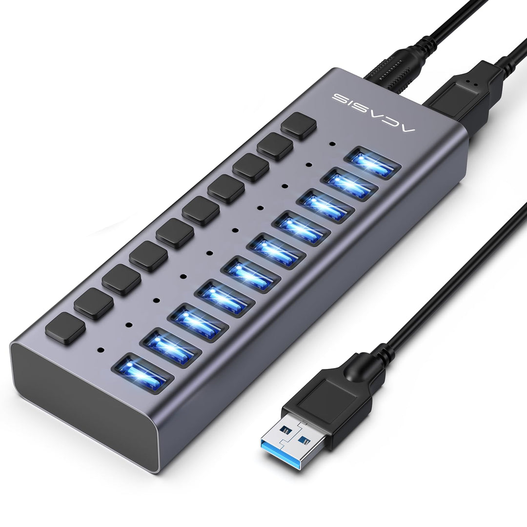 ACASIS Powered USB Hub,10 Ports USB 3.1 Hub mit 10Gbps Data Speed, Individuellen On/Off Schalter, 12