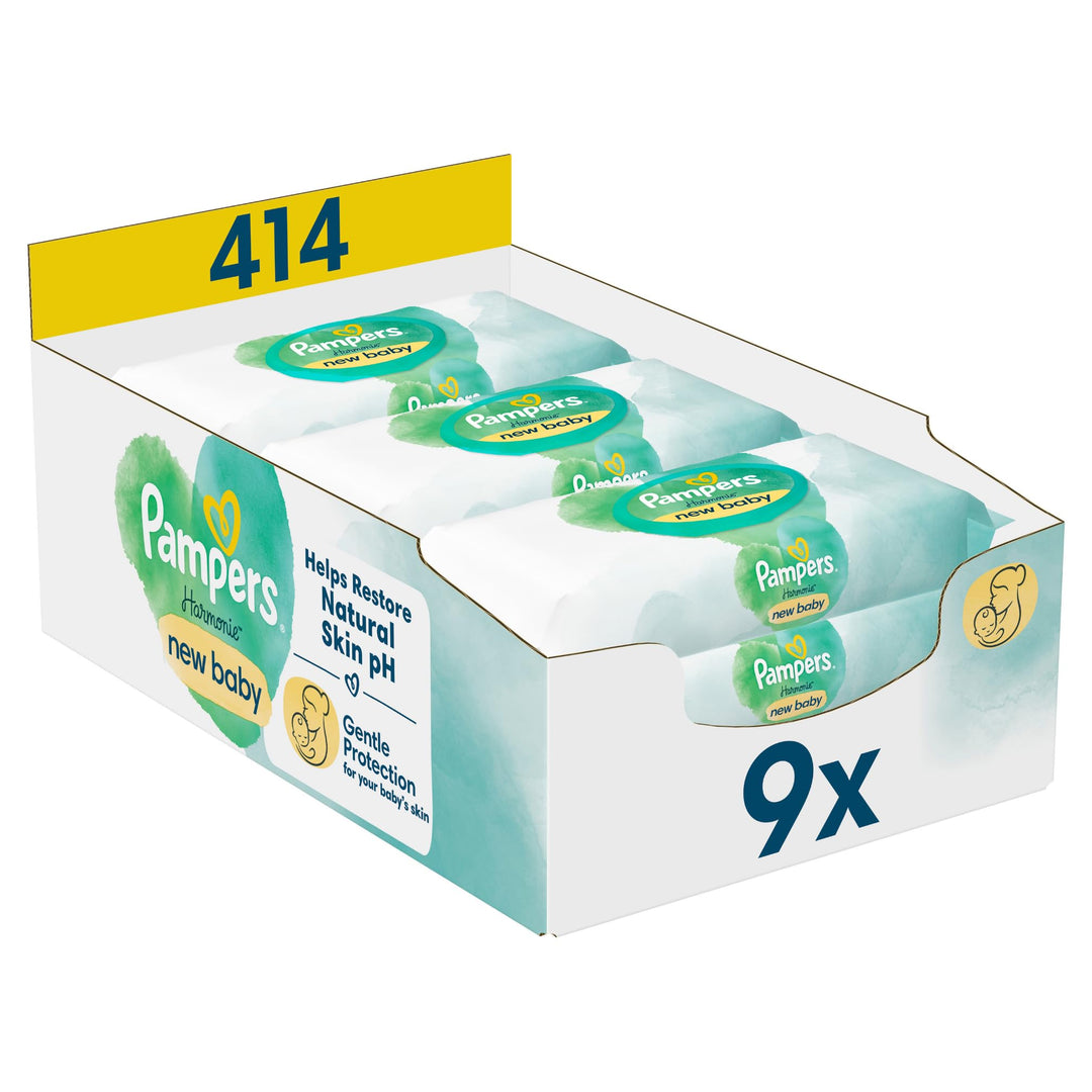 Pampers Harmonie New Baby Feuchttücher 9 Packungen mit jeweils 46 Feuchttüchern = 414 Feuchttücher,