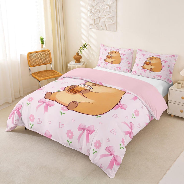 Homemissing Rosa Schleifen Capybara Bettwäsche 135x200cm süsses Mädchen-Design für Kinderzimmer,Bett