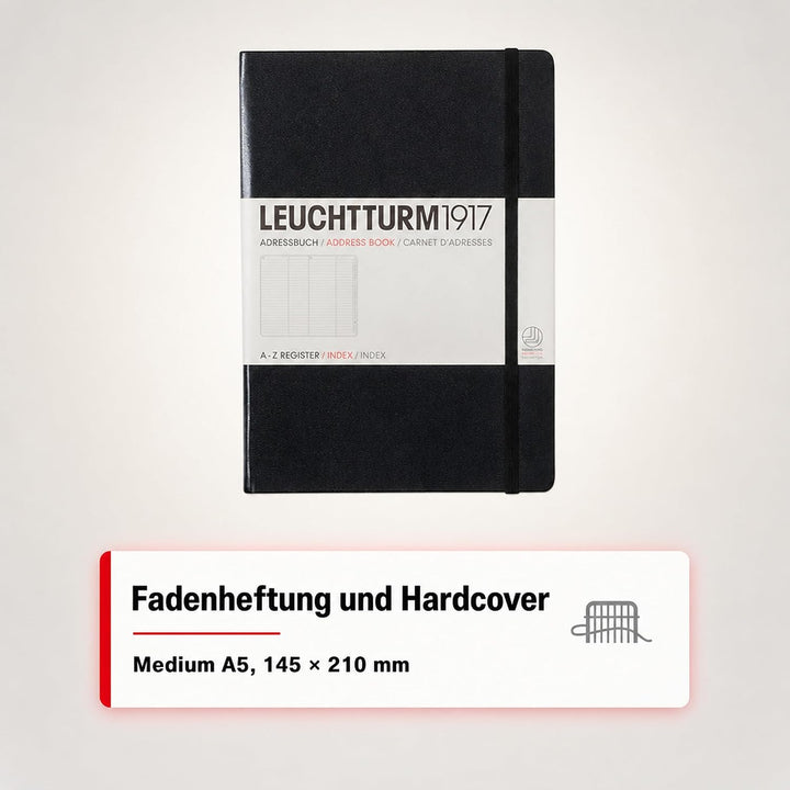 LEUCHTTURM1917 330862 Adressbuch Medium (A5), Hardcover, Schwarz, Medium (A5)