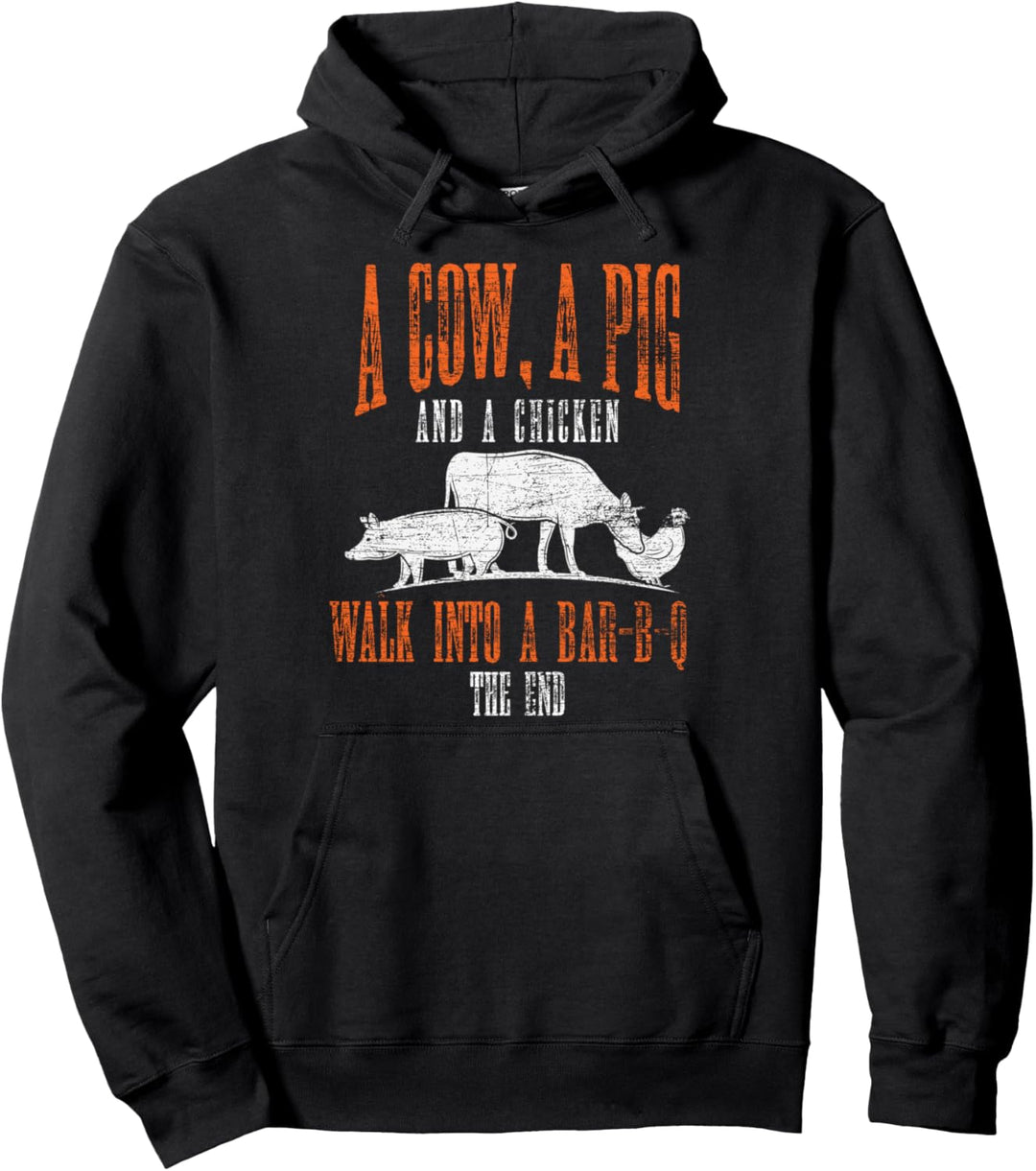 Eine Kuh ein Schwein und ein Huhn laufen in eine Bar B Q BBQ Pullover Hoodie