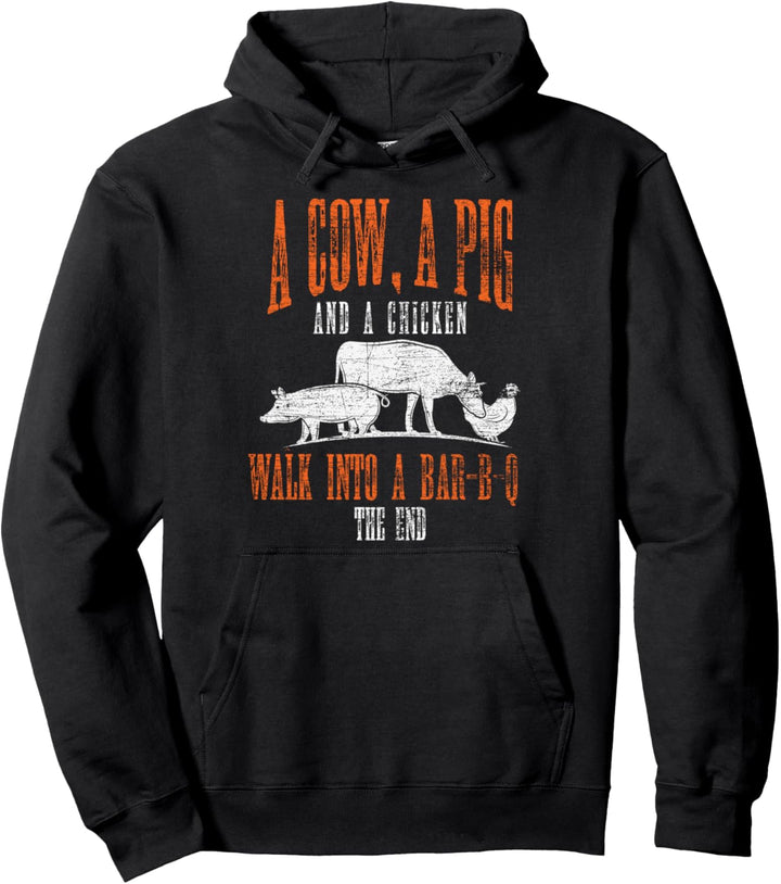 Eine Kuh ein Schwein und ein Huhn laufen in eine Bar B Q BBQ Pullover Hoodie