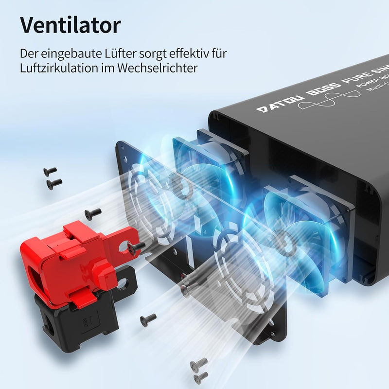 DATOUBOSS Wechselrichter 1500W Reiner Sinus 12V auf 230V Spannungswandler Spitzenleistung 3000W mit
