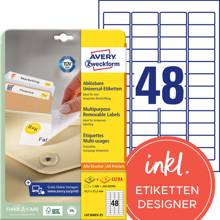 AVERY Zweckform L4736REV-25 Universal Etiketten (1.200 plus 240 Klebeetiketten extra, 45,7x21,2mm au