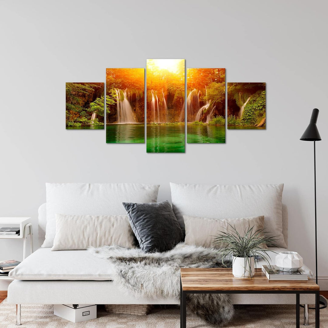 Runa Art Wandbilder Wasserfall Landschaft 5 Teilig Bild auf Vlies Leinwand Deko Schlafzimmer Wohnzim