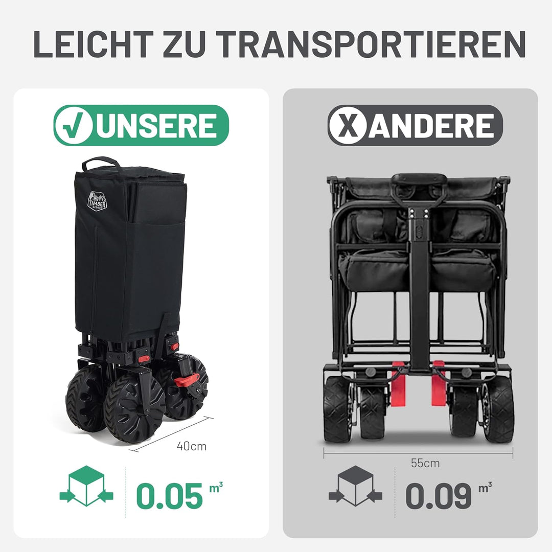 TIMBER RIDGE XXL Bollerwagen Faltbar 200L Breite Reifen Strandwagen Klappbar mit Bremsen Seitentasch
