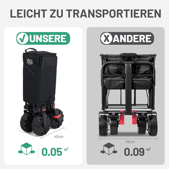 TIMBER RIDGE XXL Bollerwagen Faltbar 200L Breite Reifen Strandwagen Klappbar mit Bremsen Seitentasch