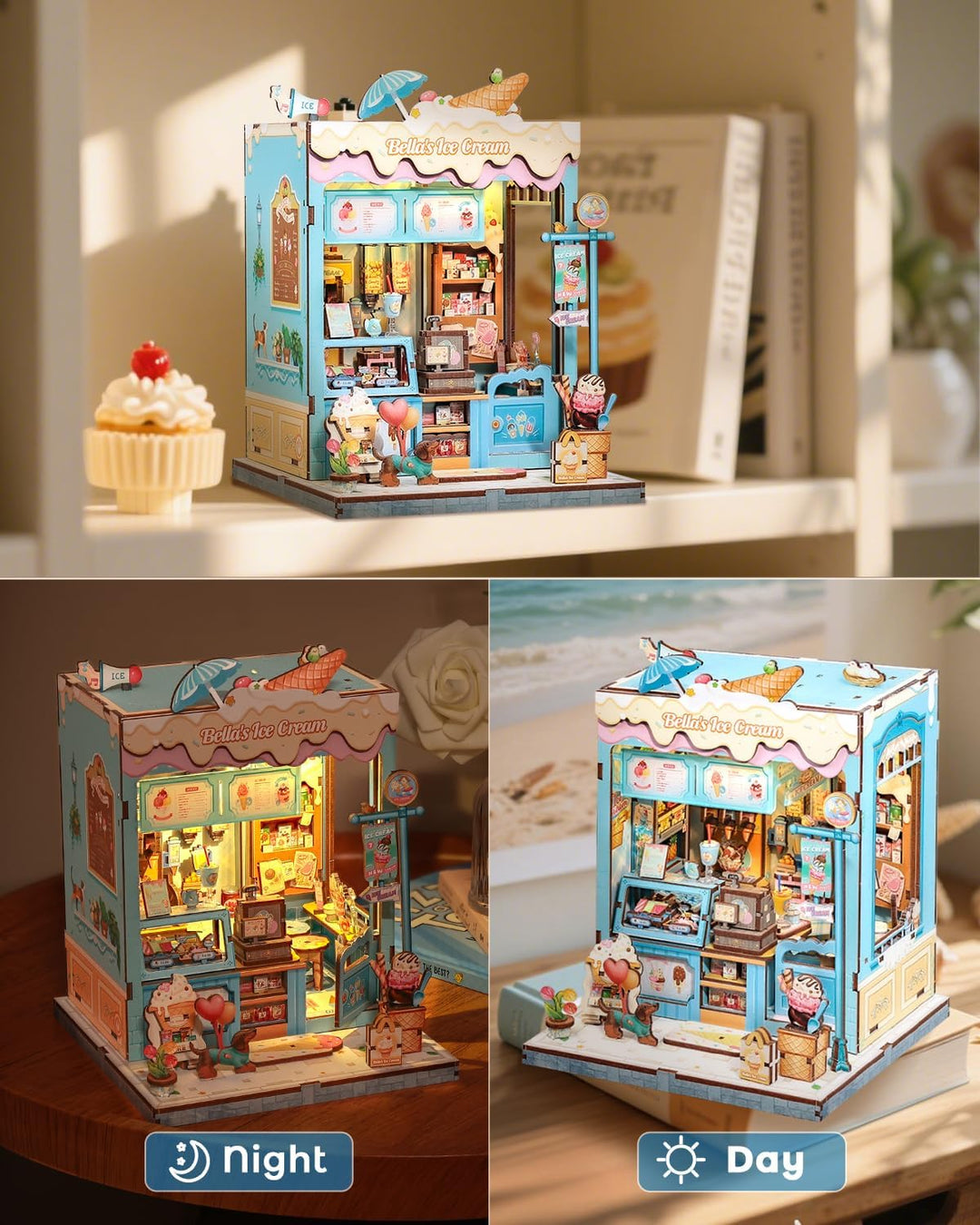 CUTEBEE Sommerliche Süsse 3D-Puzzle Book Nook - Eisgeschäft-Thema Puppenhaus-Set, traumhaft bunt, zu