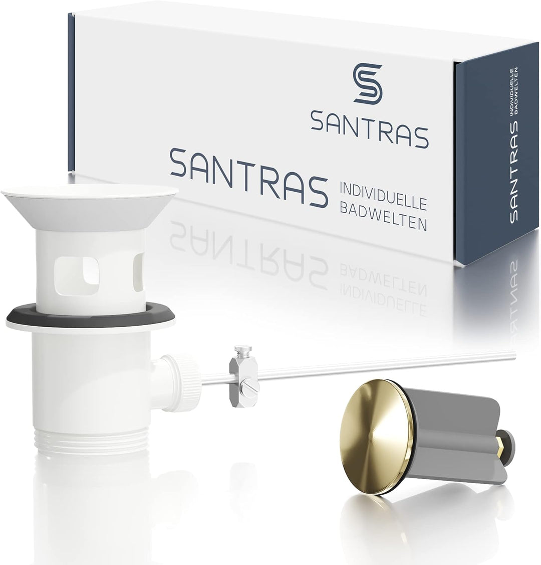 SANTRAS® Exzenter Ablaufgarnitur Premium für Waschtisch mit Schutz vor Überlauf in Weiss/Gold – Komp