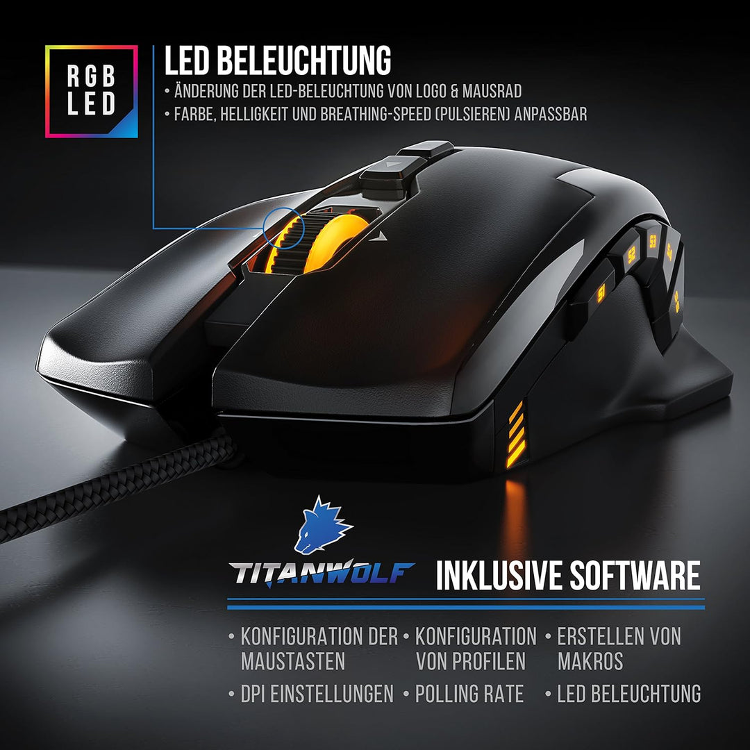 TITANWOLF Tastatur und Maus Set und Mauspad, Mechanische Tastatur ALUMAR MMO 10800dpi Gaming Maus Sp