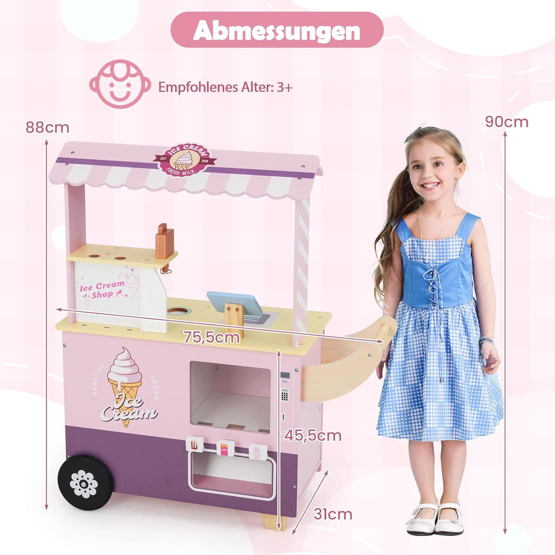 DREAMADE Kinder Eiswagen mit 15 Zubehör, Kaufladen aus Holz mit 2 Rädern & Markise, Eisstand Einkauf