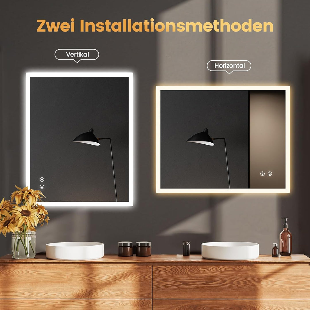 YOLEO Badspiegel mit Beleuchtung 100x80cm, Badezimmerspiegel LED mit Steckdose, Wandspiegel mit Touc