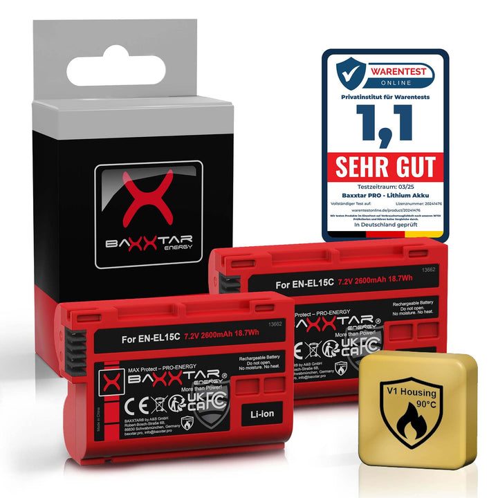 Baxxtar MaxProtect EN-EL15c Kamera-Akku 2X (2400mAh) mit NTC-Sensor und V1 Gehäuse - auch für Z5 Z6