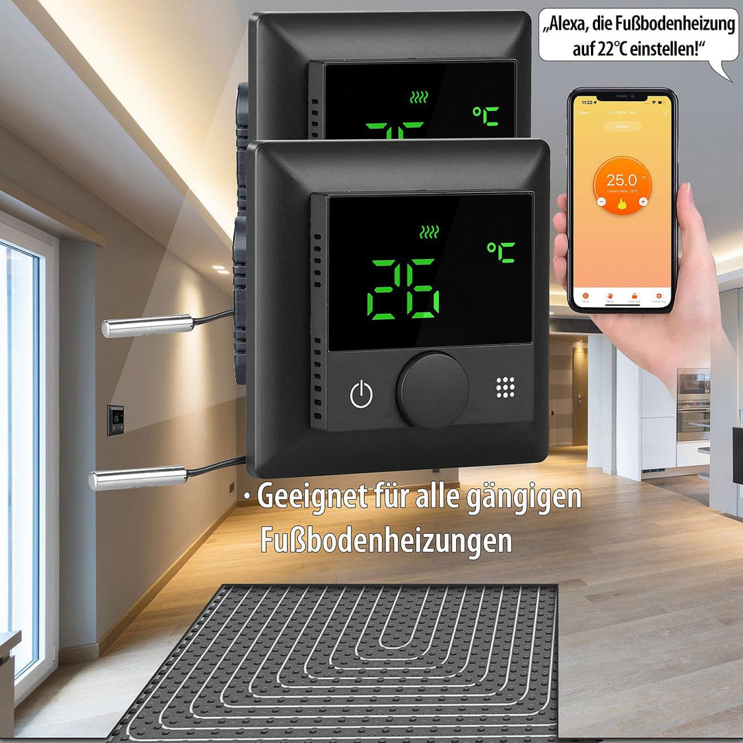revolt Thermostat Heizung WLAN: 2er-Set WLAN-Fussbodenheizungs-Thermostate mit Sprachsteuerung, schw