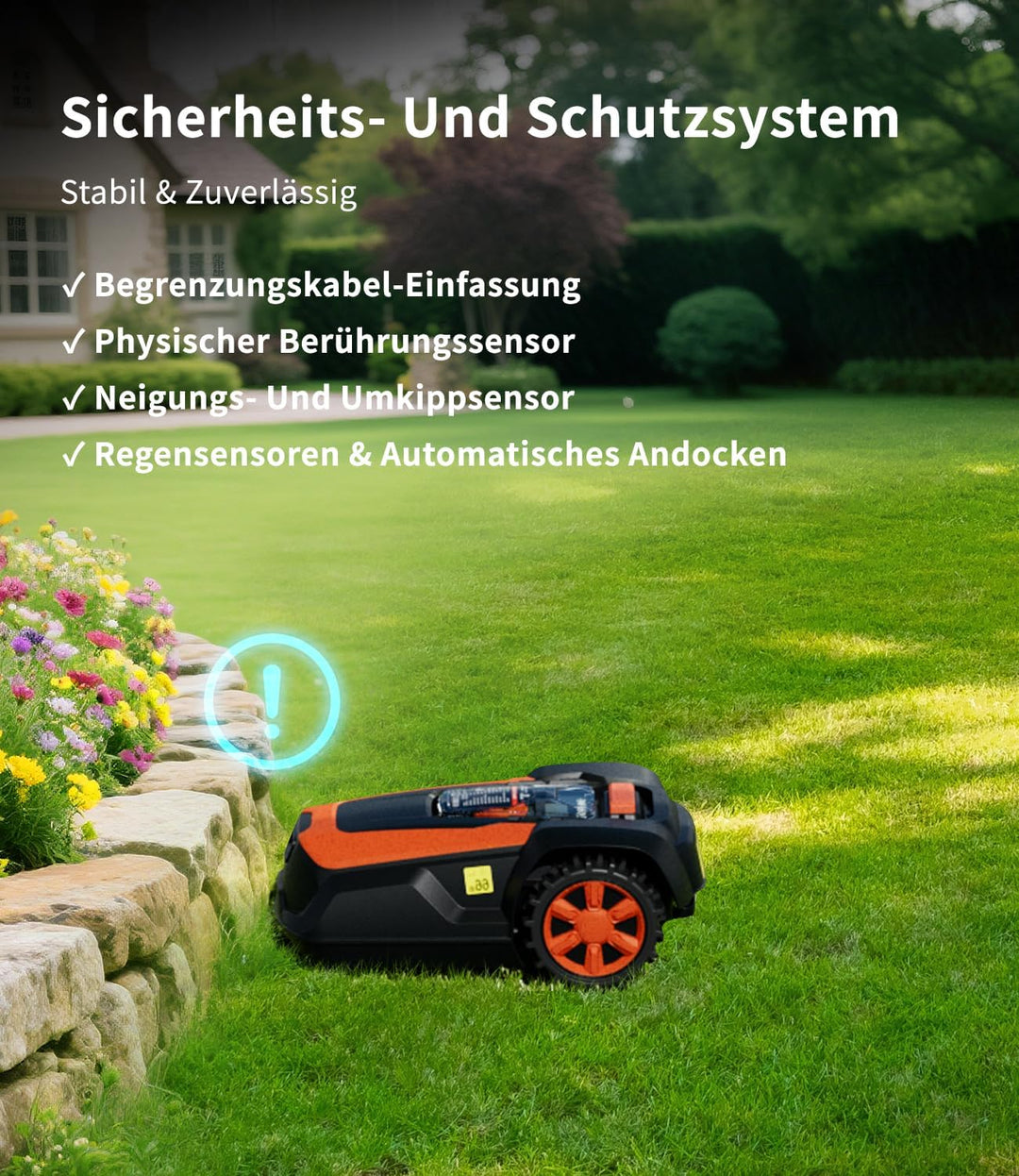 Mähroboter mit Begrenzungskabel 200 m für bis zu 1400 qm², Rasenmäher mit 47% Steigung, 22cm Schnitt
