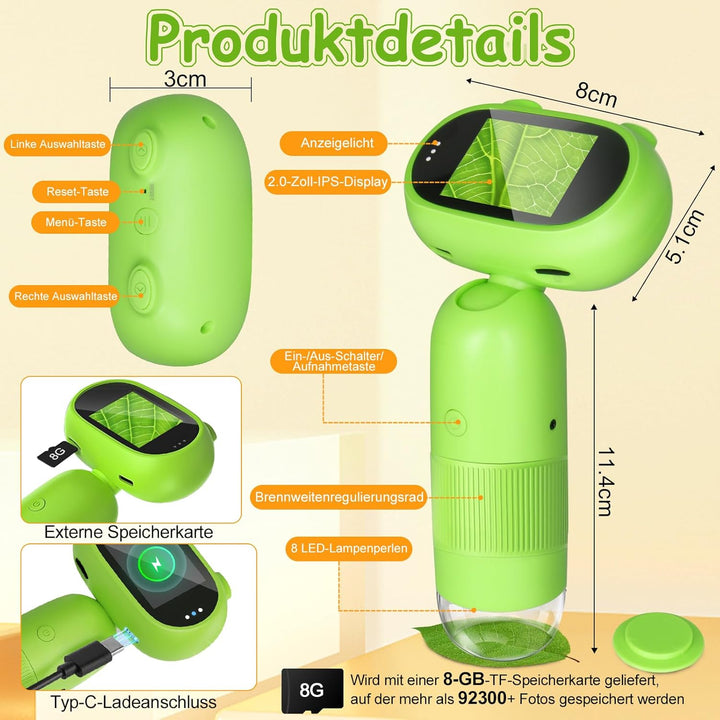 Mucek Handy Mikroskop für Kinder, 1000X Mikroskop Kinder, 2,0" IPS-Bildschirm Taschenmikroskop, 2MP