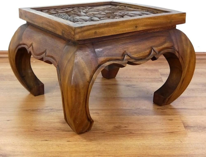 livasia Opiumtisch, Kaffeetisch, Couchtisch, Massivholztisch mit Schnitzerei u. Glasplatte (braun),