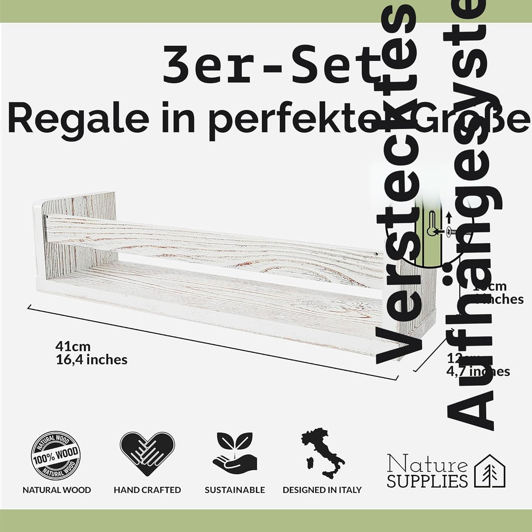 NATURE SUPPLIES Set 3 Rustikal Weiss Massivholz-Wandregale - Kinderzimmer - Ideal für Bücher und Spi