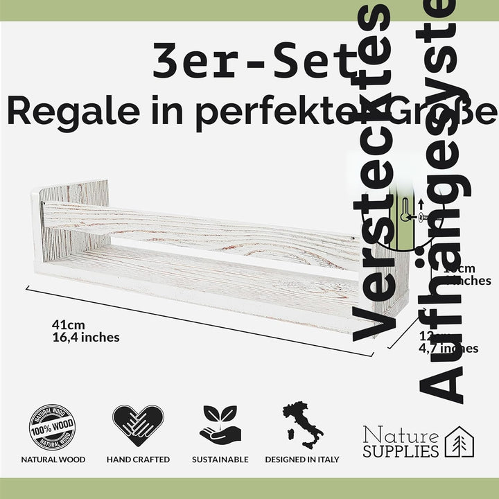 NATURE SUPPLIES Set 3 Rustikal Weiss Massivholz-Wandregale - Kinderzimmer - Ideal für Bücher und Spi