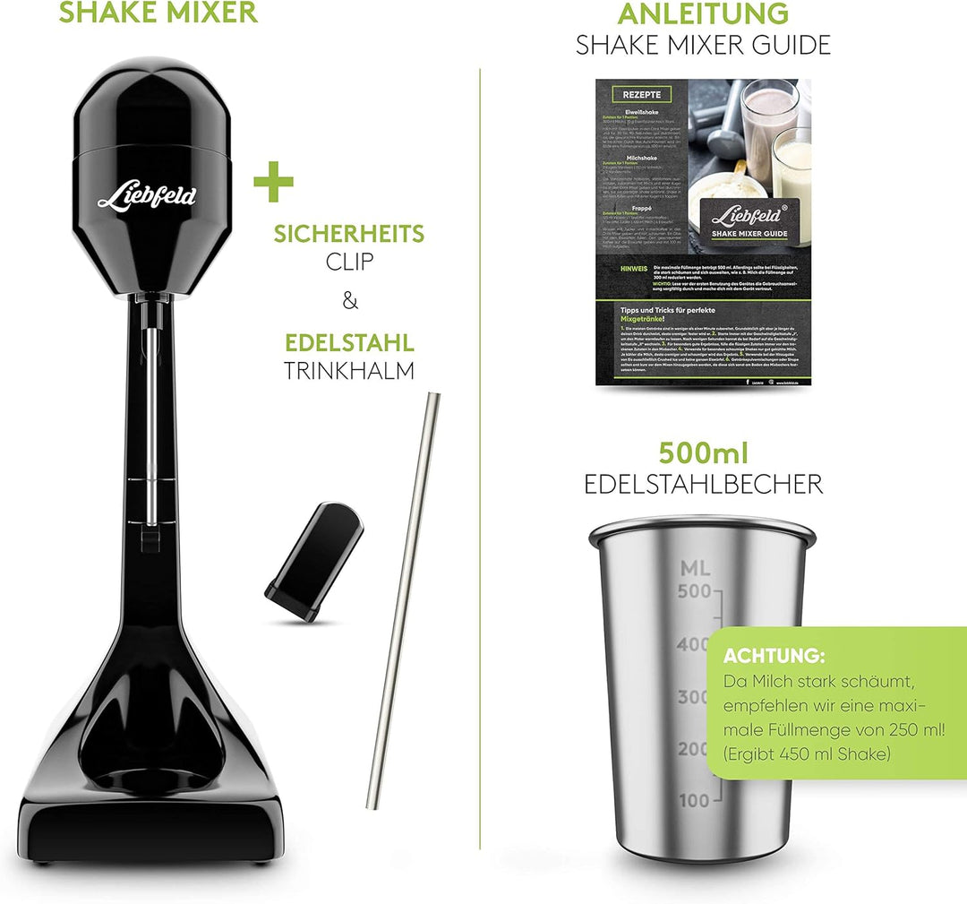 Liebfeld Protein Shaker Elektrisch - Stabmixer mit 500ml Edelstahl Becher - Proteinshake & Milch Sha