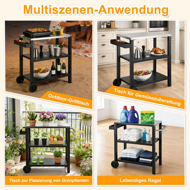 Grillbeistelltisch | Outdoor-Grilltisch mit Verstellbarer Ablage, Gewürzregal und 6X Haken, mobiler