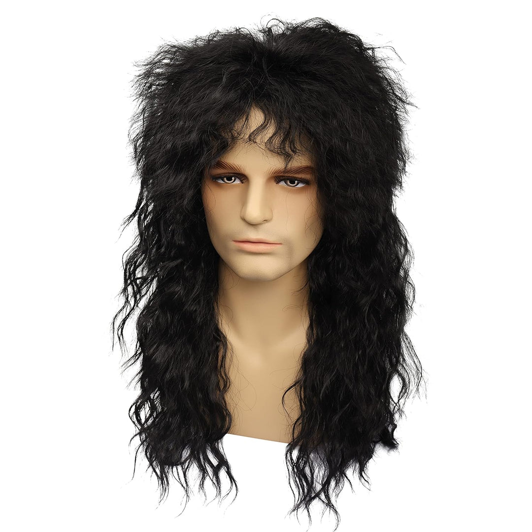MEIRIYFA Herren 80er Jahre Perücke Lange Lockige Perücke Schwarz Rocker Punk Perücke Vokuhila Perück
