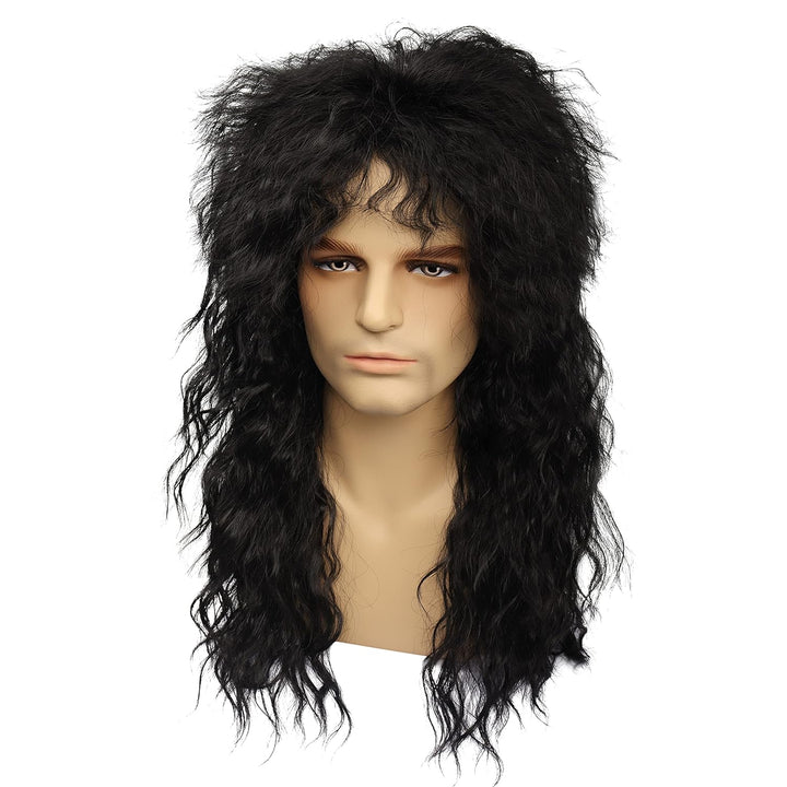 MEIRIYFA Herren 80er Jahre Perücke Lange Lockige Perücke Schwarz Rocker Punk Perücke Vokuhila Perück
