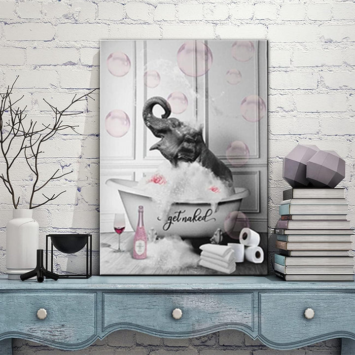 ZHONGYUTONG Badezimmer Wandbilder-Elefant in der Badewanne mit Rosa Blasen lustige Tiere Kunstdruck