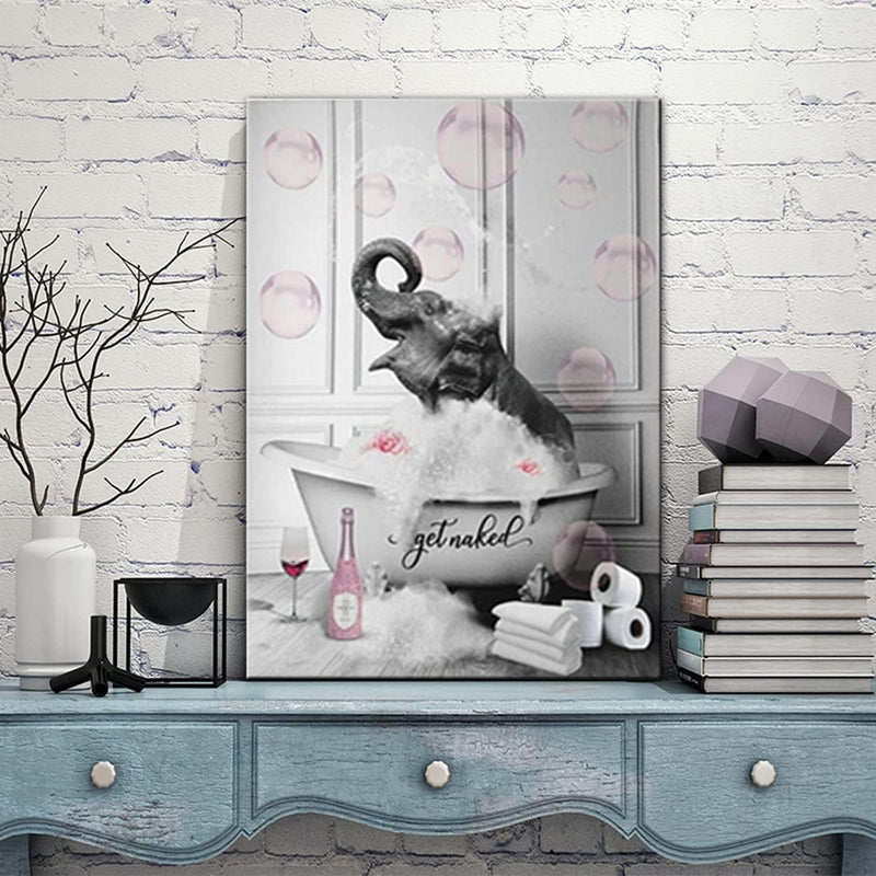 ZHONGYUTONG Badezimmer Wandbilder-Elefant in der Badewanne mit Rosa Blasen lustige Tiere Kunstdruck
